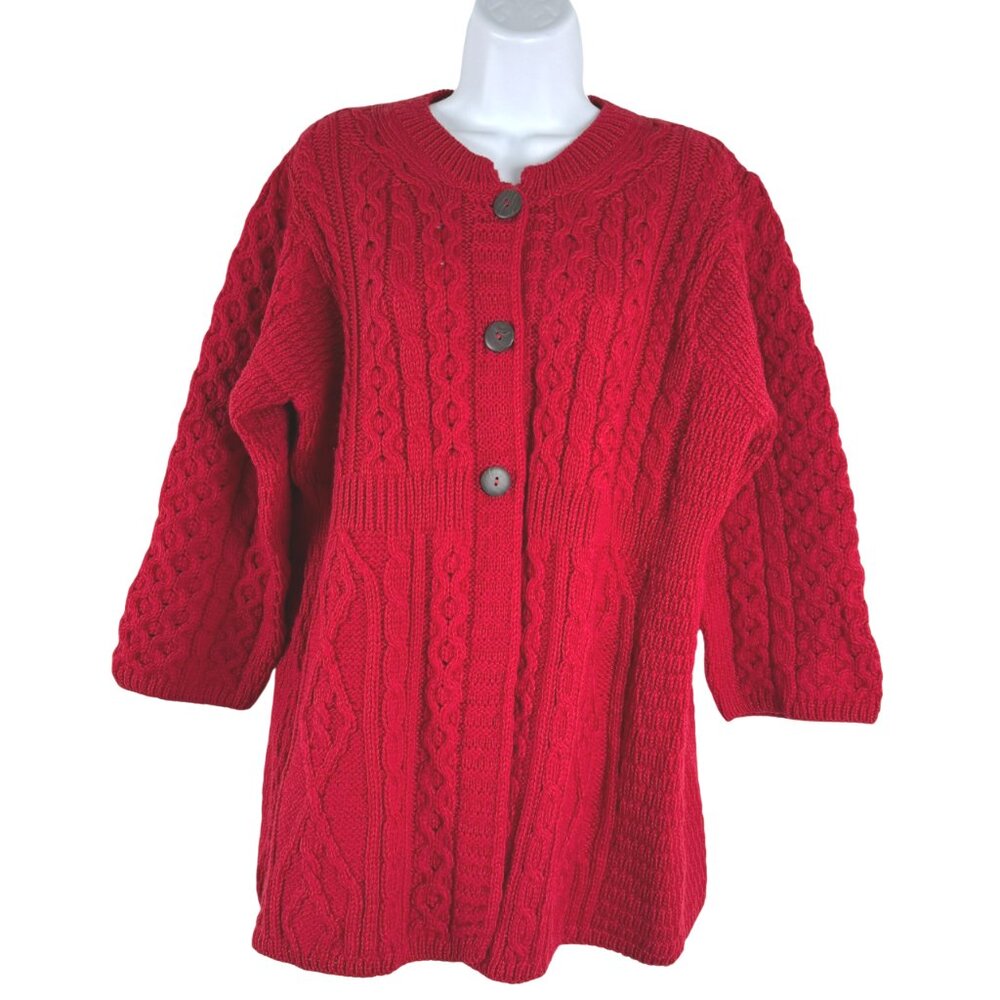Kilronan‎ Fisherman Cardigan Sweater Large Red Merino Wool Cable Knit CJ-2190